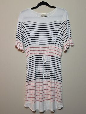 Hailey & CO. Striped Short Sleeve Faux Ties Waist Dress - White, Navy & Red